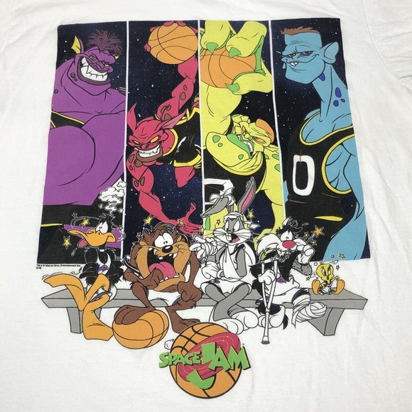 Space Jam Looney Tunes Sz L White Graphic T-Shirt Bugs Monstars Tune Squad Taz - Picture 1 of 8